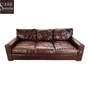 luxury furniture antique genuine leather living room sofa wooden comfortable American style vintage distressed leather sofa