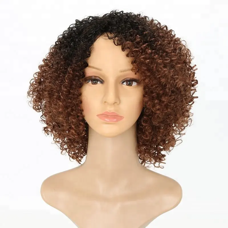 Hoge Temperatuur Synthetische Pruiken Kleur Afro Kinky Krullend Voorraden Geen Kant Pruiken Hittebestendige Vezel 14 "Korte Ombre Bruin 14Inch