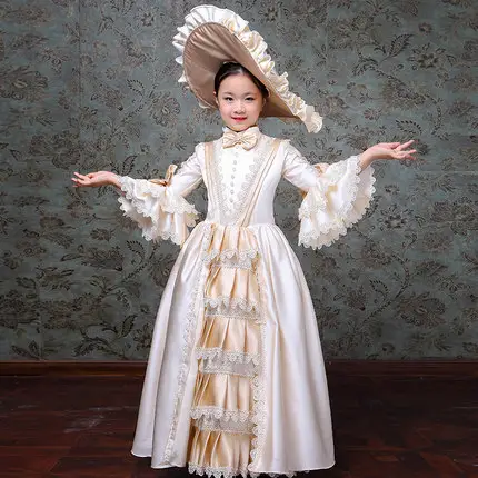 Ecoparty كيد الطفل فتاة الشمبانيا القوس الرقص 18th القرن الملكة فيكتوريا أنطوانيت اللباس مع قبعة