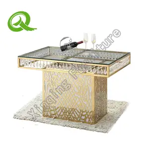 Новая модель, Свадебный золотистый Прямоугольный Обеденный стол из нержавеющей стали с закаленным стеклом и кристаллом