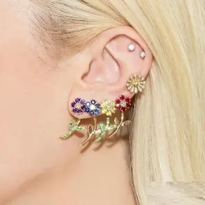 Boucle d'oreille double face rouge bleu vert jaune 4 couleurs fleur fleur pour fille femme élégance bijoux en or 2023