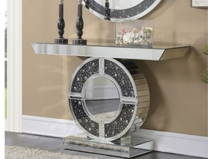 Telite Modern <strong>Black</strong> Grey Crystal Diamond Mirrored <strong>Console</strong> <strong>Table</strong> with Round Wall Mirror Furniture - Product Image 2