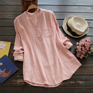 Donne della molla di Grandi Dimensioni Con Scollo A V A Maniche Lunghe in Tessuto 100% Cotone Parti Superiori Del Partito Camicia Casual Vintage Lavoro OL Camicetta ED038 - Product Image 4