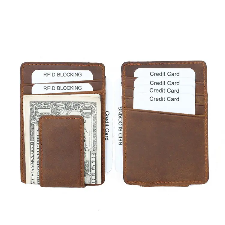 wb1514 Mens Crazy Horse Genuine Leather RFID Blocking Wallet Magnet Money Clip