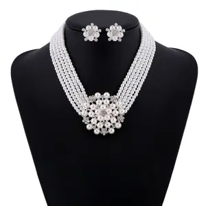 Fashion Flower Pearl Crystal Silver Exaggeration Necklace Earrings Set