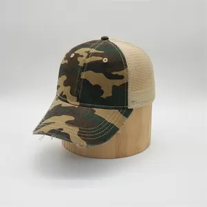 Custom Design Distressed Brim 6 Panel Cheap Mesh Blank Camo Trucker Baseball Cap Hats