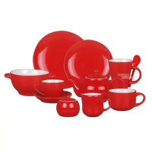 good quality stoneware solid color glaze red kitchen dinnerware set bowls mugs plates cup&saucer Teapot Sugar Bowl Cream Pitcher