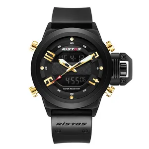 RISTOS 9391 캐주얼 실리콘 스트랩 쿼츠 멀티 기능 듀얼 디스플레이 스포츠 손목 시계 시계 디지털 남성
