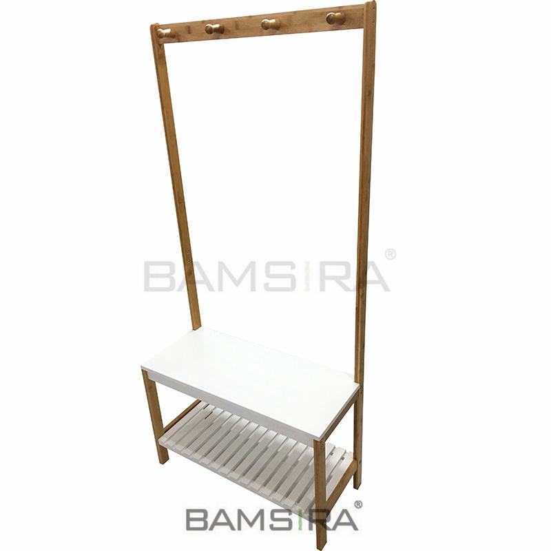 Rustic Bamboo Hall Tree Wooden Bench Coat Rack Entryway Storage Hooks Stand