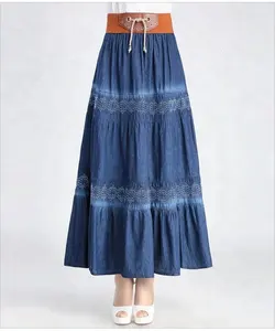 D&S factory dropshipping denim beach skirt elastic waist drawstring tiered gypsy skirt girls maxi skirts