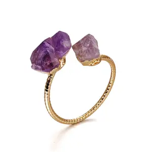 Wholesale adjustable dainty and unique charms bisuteria gold plated fashion natural amethyst druzy rings for women girls jewelry