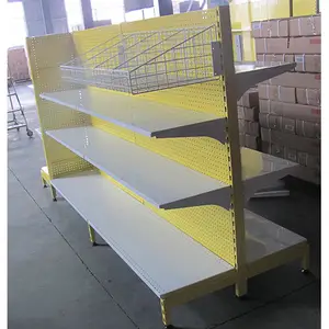 AU50 gondola shelving with wire basket shelves in Australian market with bright yellow powder coating surface