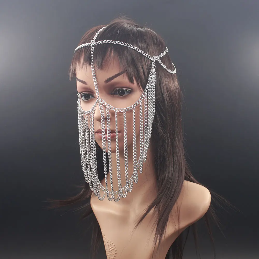 Wholesale Face Chain Women Plating Color Face Cover Tassel Aluminium Head Chain Veil Layer Harness Body Jewelry Headdress