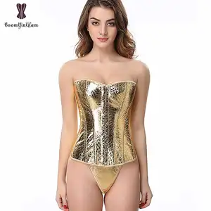 PU Faux Leather Gold Corset Front Busk Closure Bustier Top Boned Overbust Sexy Gothic Gorset