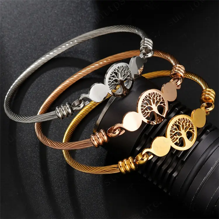 Ladies Fashion Charm Jewelry Gift Three Colors Tree of Life Charm Stainless Steel Bracelet For Women