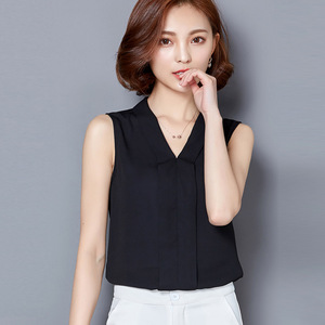Stile coreano di Modo Delle Donne Senza Maniche Camicetta <span class=keywords><strong>Bianca</strong></span> Con Scollo A V Chiffon Top e Camicette - Product Image 2