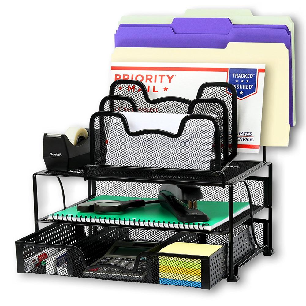 Сетчатый Настольный органайзер с выдвижным ящиком, двойным лотком и 5 отделениями для сортировки, офисный держатель для файлов и документов