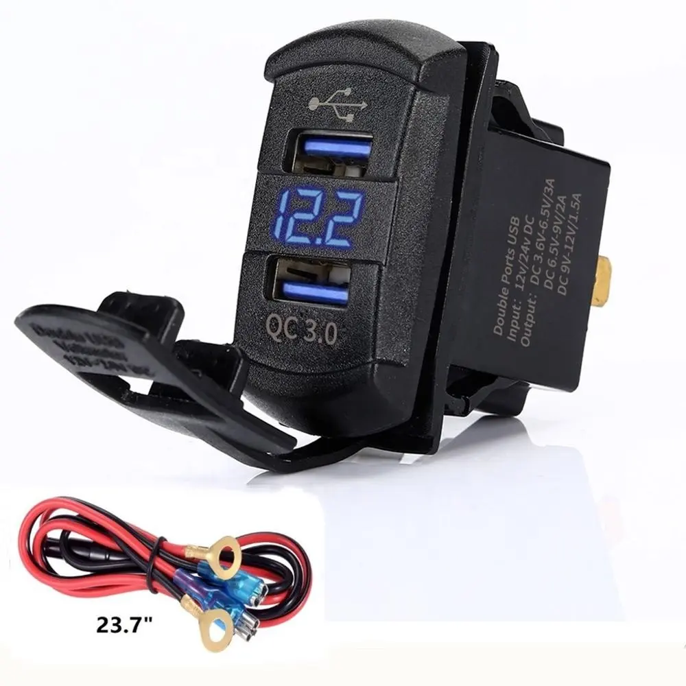 Waterproof Marine 36W Rocker style Dual QC 3.0 USB charger with LED digital voltmeter & wire fuse for car boat marine ATV