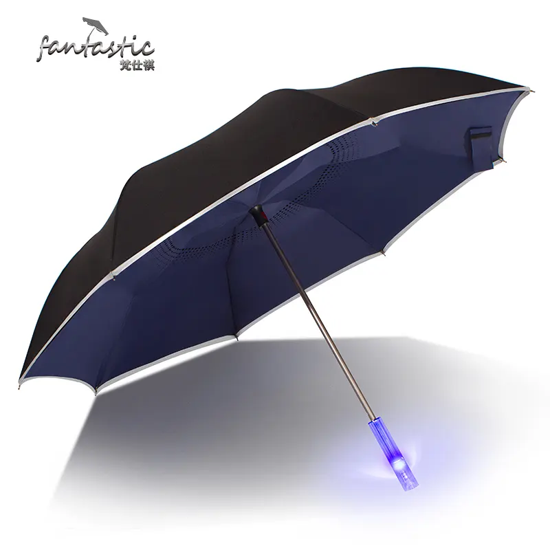 Fantastic light heat safety with tape reflective reverse umbrella double layer c handle reverse umbrella inverted