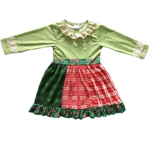 no MOQ Popular Sales Autumn Cotton Dots Print Children Green Patchwork Girls Dress for christmas rts