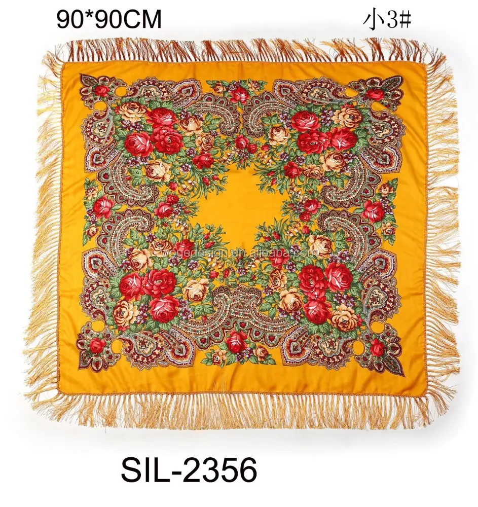 وشاح نسائي مربع مطبوع عليه أزهار من الفيسكوز, متوفر على الطراز الروسي ، ويُستعمل كحجاب نسائي بوهيمي ، ويُستعمل كأحد أكثر المنتجات مبيعًا في عدة قياسات
