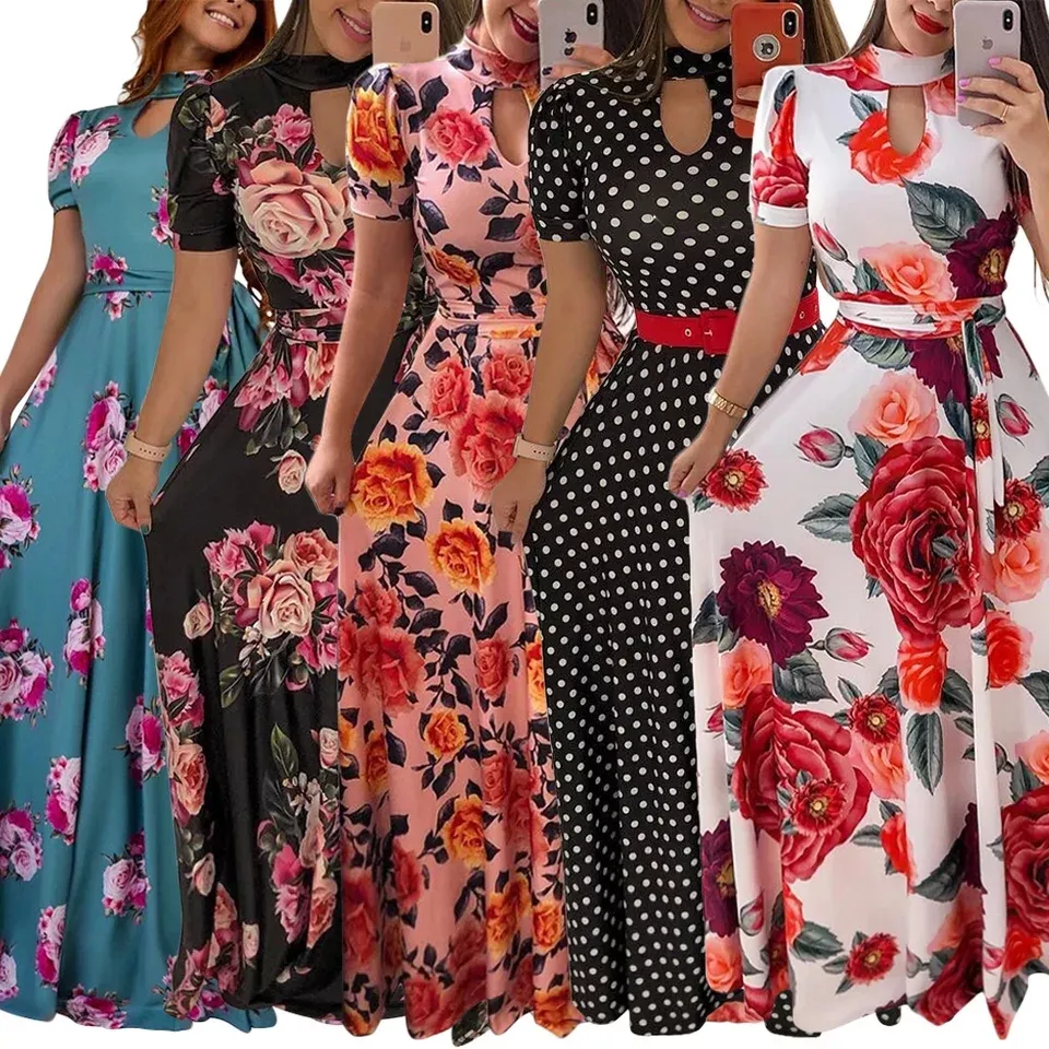 Ecoparty alta de verano de las mujeres de vestido largo Floral vestido Casual damas O cuello fiesta vestido Maxi Plus tamaño vestido de