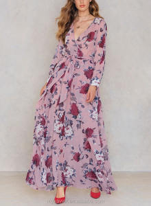 Maxi abito manica lunga da donna sexy con scollo a v stampato floreale con scollo a v e maniche lunghe - Product Image 4