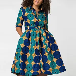 Chinese Factory Custom High Quality African Ladies Wax Print Patterns Above Knee Open Front Plus Size Women's Dresses