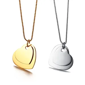 Gioielli in oro argento moda 2019 collane con catena a sfera in acciaio inossidabile semplice collana con ciondolo a cuore doppio delicato per le donne