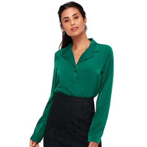 Camicetta da <span class=keywords><strong>donna</strong></span> in raso <span class=keywords><strong>verde</strong></span> <span class=keywords><strong>smeraldo</strong></span> a maniche lunghe con bottoni - Product Image 3