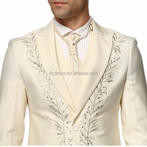 Traje de Moda Color Marfil (Chaqueta+Pantalones+Chaleco), <span class=keywords><strong>Trajes</strong></span> Personalizados de Color Sólido con Pedrerí<span class=keywords><strong>a</strong></span>, Traje de Boda para Hombre, Traje Bordado de Tres Piezas, Esmoquin - Product Image 4