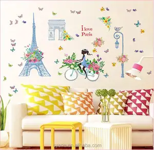 Syene Romantic flower Paris Wall Sticker For Kids Rooms Eiffel Tower Flower Fairy Riding Home Decor wallpaper