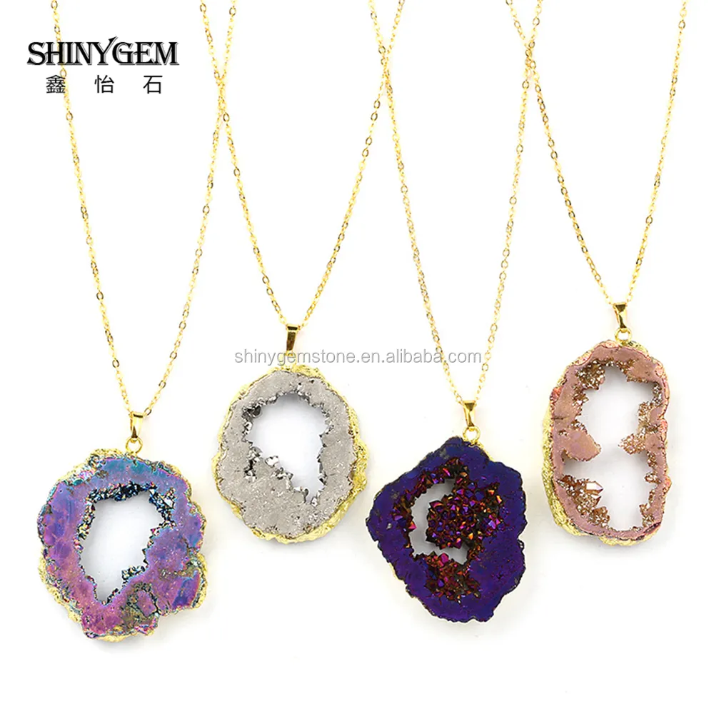 Promotion product natural agate geode druzy stone pendant fashion necklace charm jewelry China factory