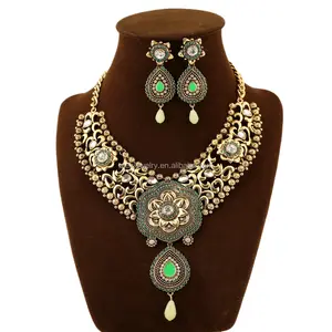 Nouveau bohême inde gitane argent vert pierres précieuses tribal danse du ventre femmes collier boucles d'oreilles bijoux