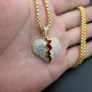 Ciondolo personalizzato cuore spezzato ghiacciato in oro placcato in acciaio inox collana di moda per gli uomini donne per le occasioni di festa Idea regalo - Product Image 1