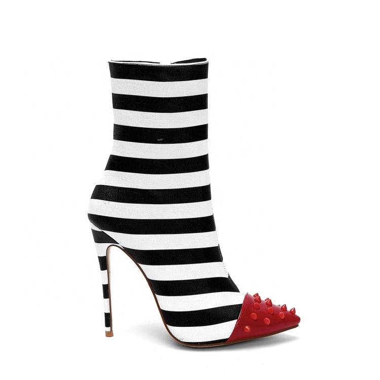 Сделанные на заказ Красные стильные женские ботильоны с заклепками пикантные полосатые Красочные вечерние ботинки с острым носком на шпильке