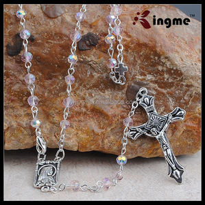 거룩한 작은 아쿠아 크리스탈 묵주 비즈 체인 묵주 에나멜 크로스 펜던트 - Product Image 4