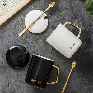 Procelian Wedding Office Gift <strong>Mug</strong> Set Black White <strong>Gold</strong> <strong>Mugs</strong> Handle Ceramic <strong>Mug</strong> with Handle Lid and Spoon - Product Image 5