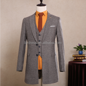 <span class=keywords><strong>Traje</strong></span> de Hombre Personalizado <span class=keywords><strong>2022</strong></span>, Chaqueta Larga de Tweed Gris con Diseño de Espiga (Chaqueta + Pantalones + Chaleco) NA05, Trajes Ajustados a Medida para Hombre - Product Image 2