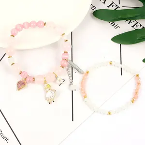 Gelang Manik-manik Bunga Perempuan Akrilik Rose Quartz, Gelang Manik-manik untuk Hadiah Wanita