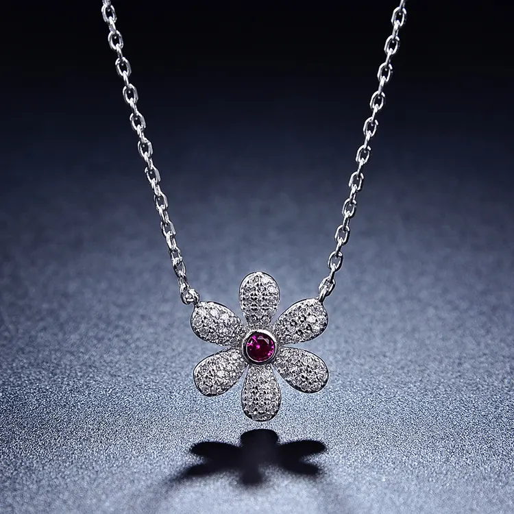 Baoyuan 925 Sterling Silver red stone necklace gemstone flower druzy Jewelry CSE1331