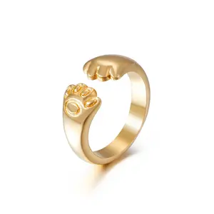 New Jewellery Low Price Stainless Steel 4Mm Gold Open Ring Cute Bear Paw Ring For Girls