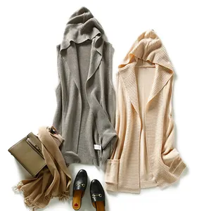 Casual Sweaters Gray Sleeveless Hooded Autumn Women Beige Open Stitch Front Cardigan