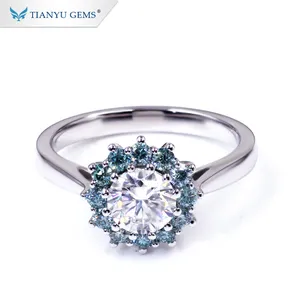 Tianyu 보석 18k 화이트 골드 1ct 크기 6.5mm 라운드 컷 블루 컬러 moissanite 다이아몬드 반지