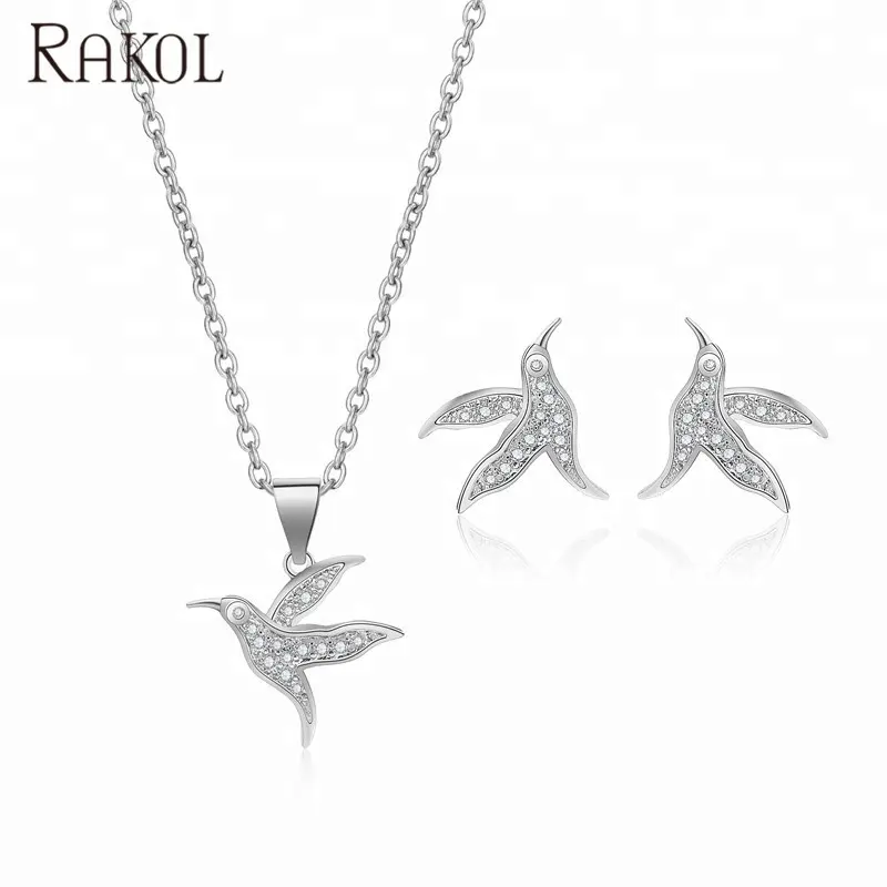 RAKOL SP2011 beautiful CZ cubic zirconia rose/18k gold bird shape party earrings necklace set