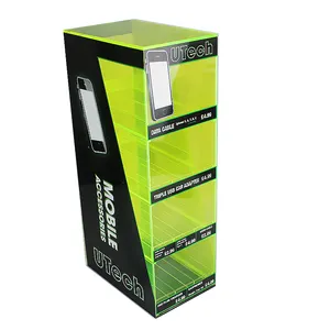 Fluorescent 4 Plateaux Coulissants Acrylique Comptoir Présentoir Accessoire de Téléphone Portable Chargeur de Téléphone Présentoir Câbles Lightning Kiosque