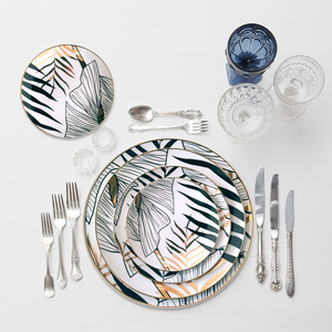 <span class=keywords><strong>Service</strong></span> de table en porcelaine fine avec motif feuilles vertes – Vaisselle en céramique pour la maison – Vente en gros - Product Image 4