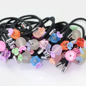 Women's Black Elastic Rubber Bands With Colorful Beads Flower Hair Tie Elastic Scrunchies ponytail holder Hair Accessory