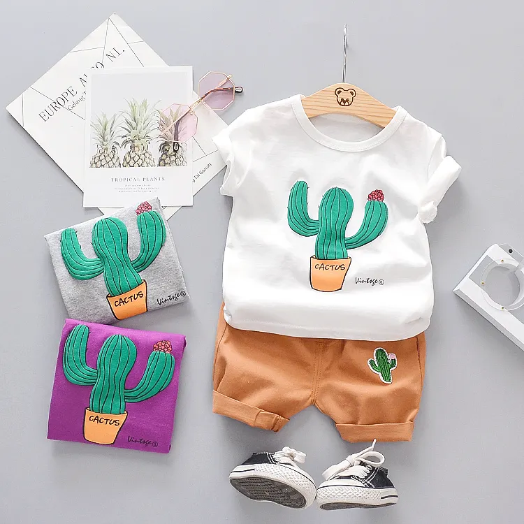 Ropa de manga corta para niños, cuello redondo con estampado de cactus, cómoda, de buena calidad, a la moda, 2019