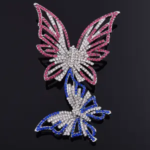 Luxury Jewelry Accessory Clear White Pink Blue Cubic Zircon Paved Solid Double Butterfly Brooch Pins Scarf Buckle